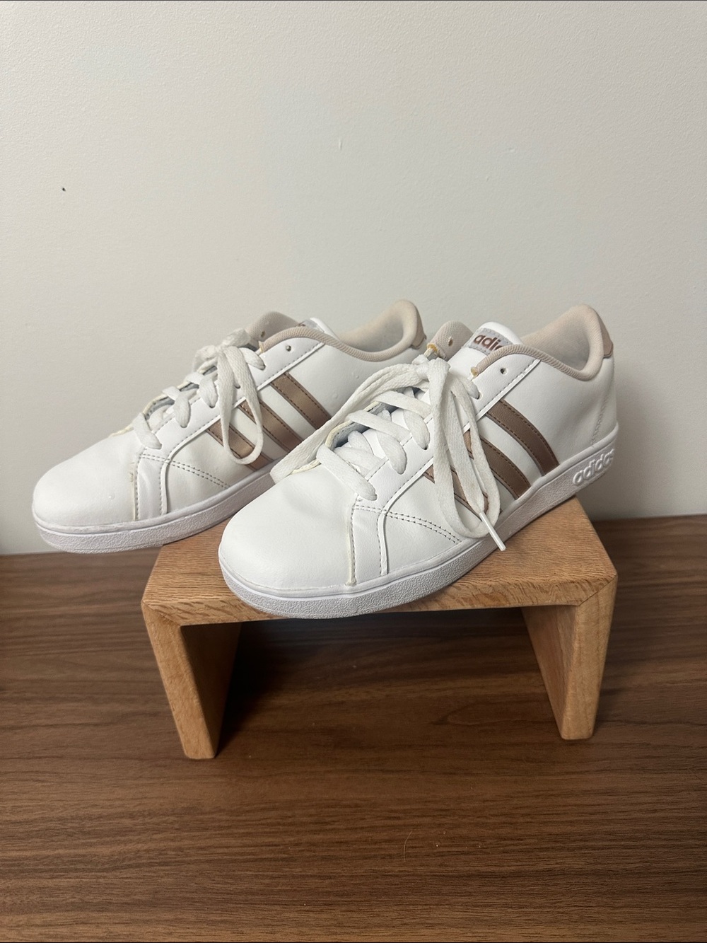 adidas White Sneakers with Brown Stripes and Cream Accents
